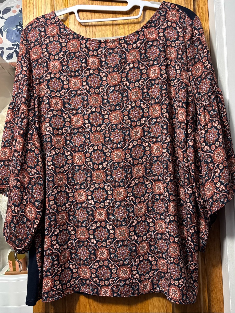 LOFT Navy and Rust Floral Medallion Blouse